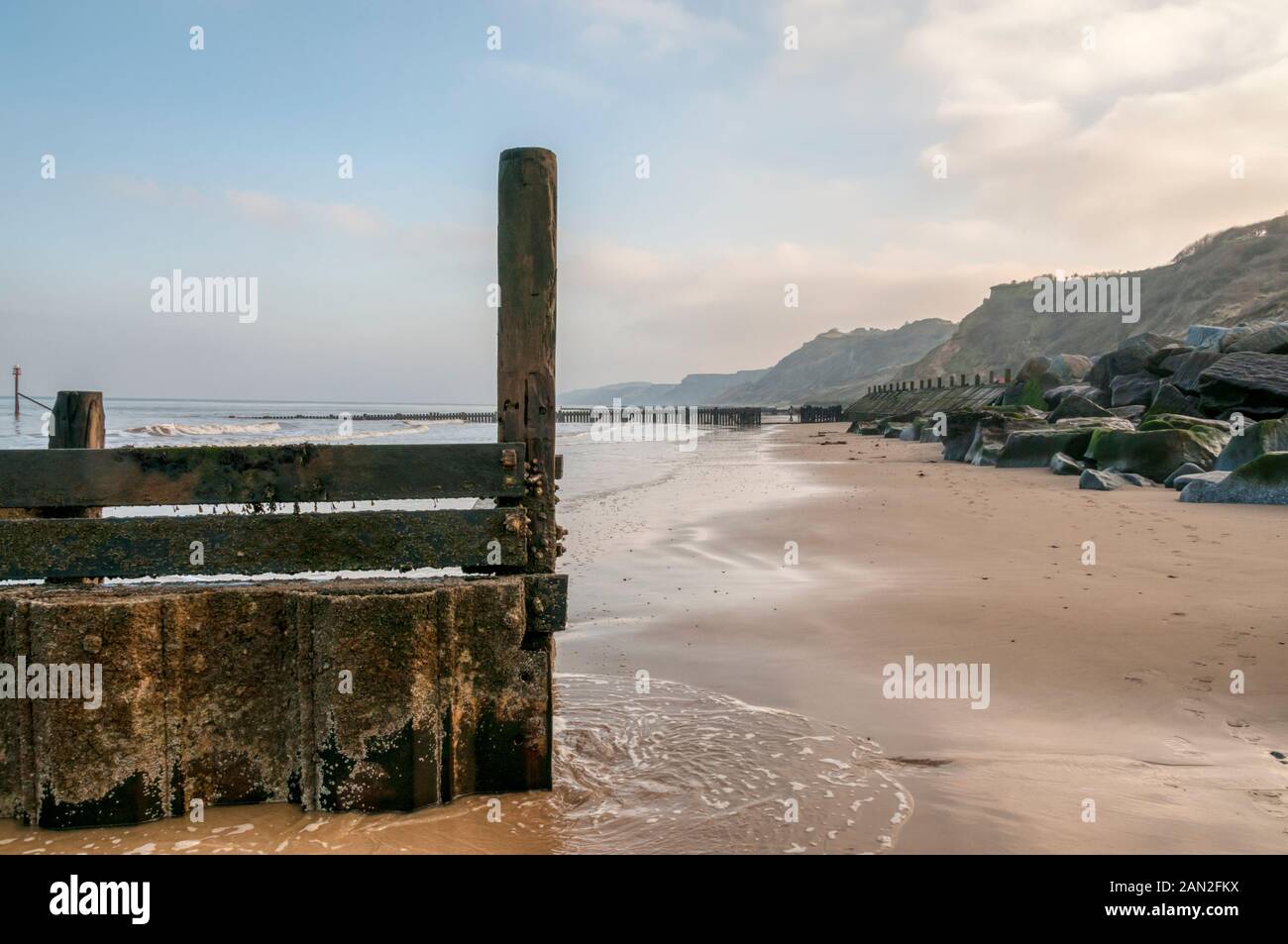 The beach at Overstrand, Norfolk, on a bright winter's day. Stock Photo