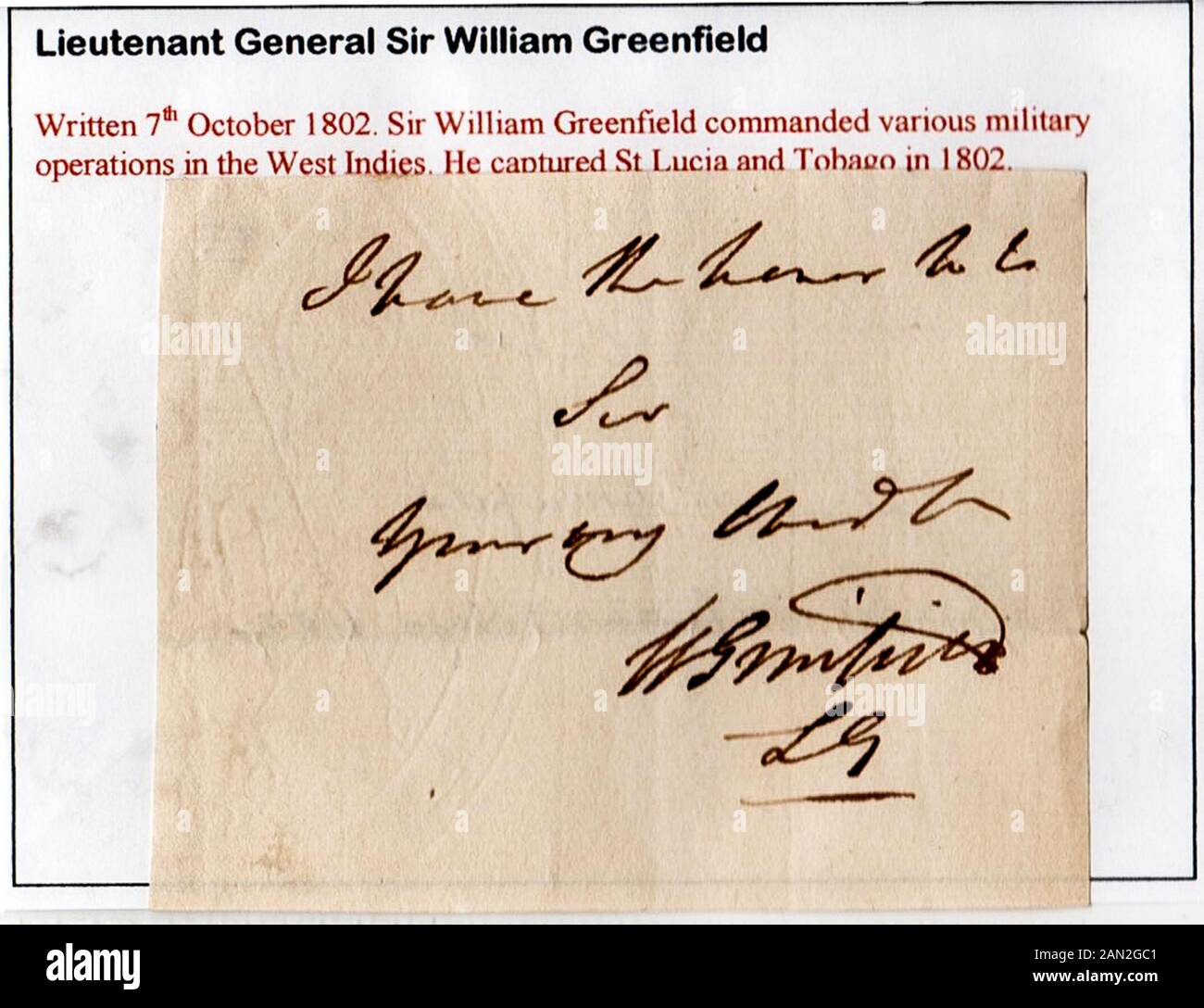 Signature of Lieutenant General Sir William Greenfield Stock Photo
