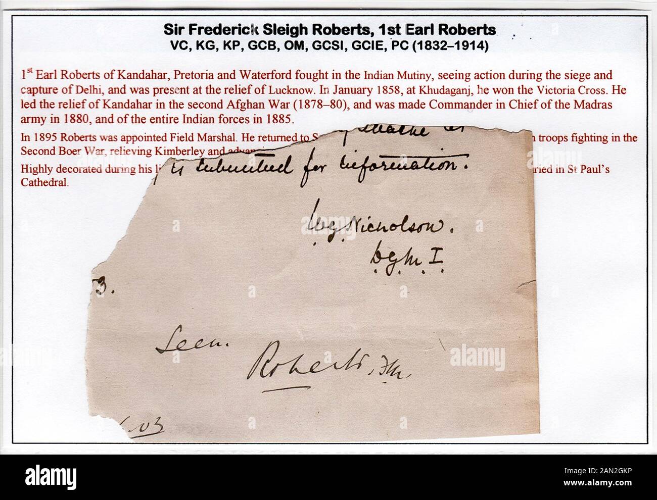 Signature of Field Marshal Frederick Sleigh Roberts, 1st Earl Roberts, VC, (1832-1914) Stock Photo