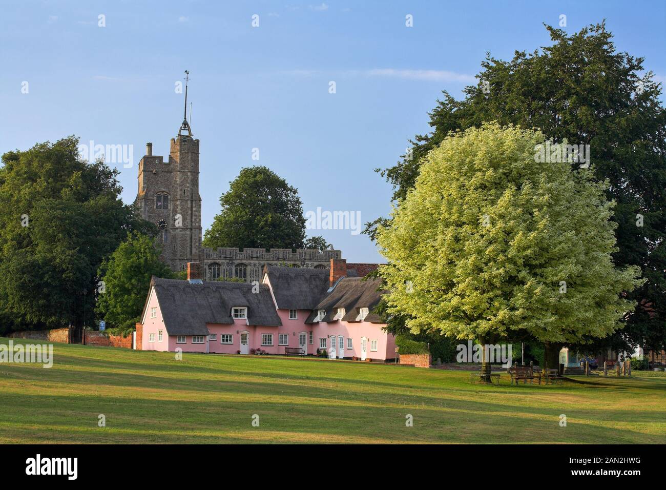 Village of Cavendish with church and thatched cottages, Suffolk