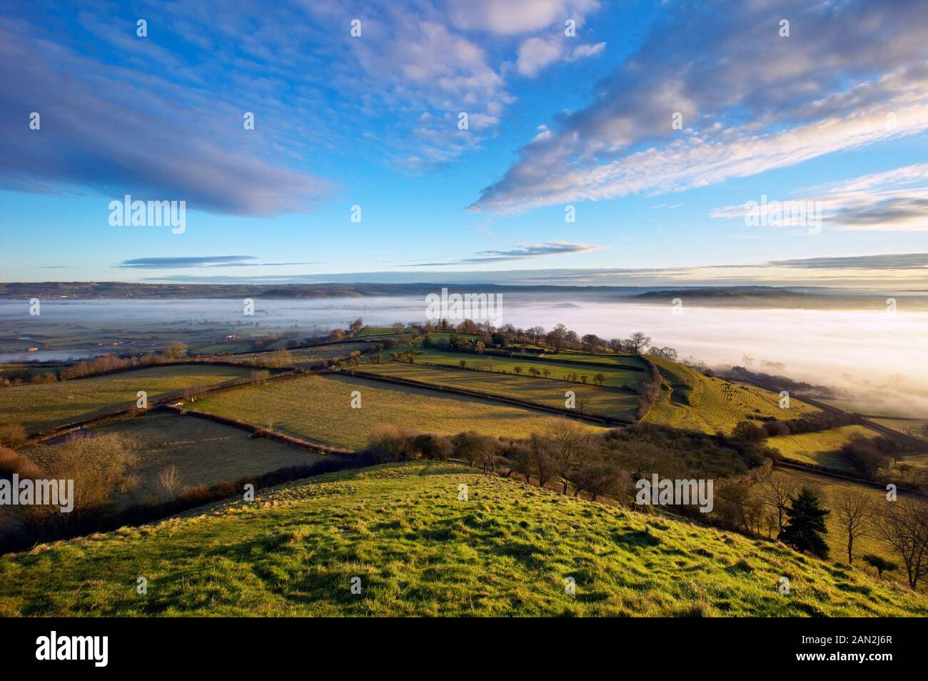 View over Somerset levels from Glastonbury Tor, Somerset, England Stock Photo