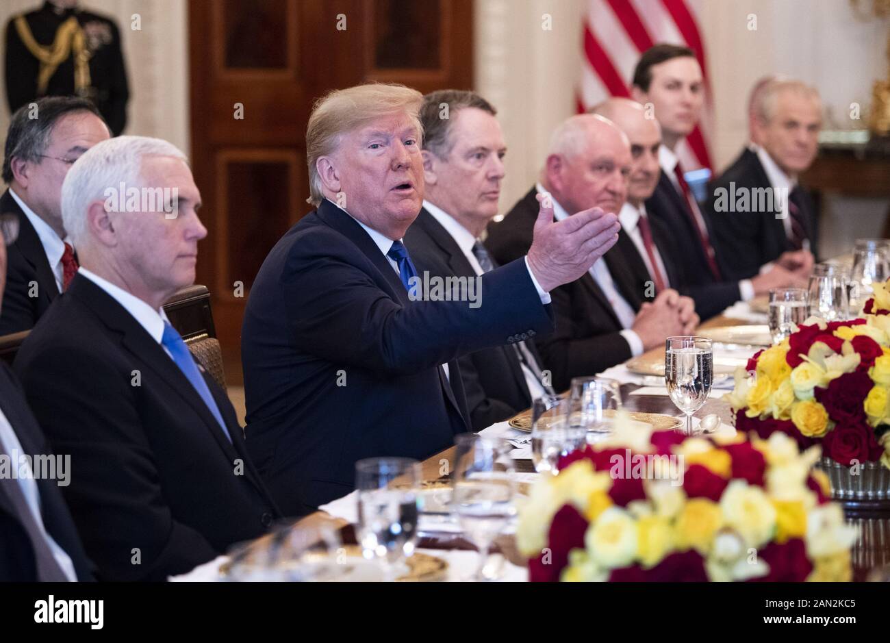 Washington, United States. 15th Jan, 2020. President Donald Trump, joined by members of his administration, delivers remarks as he has lunch with the Vice Premier of China Liu He and his delegation after the two signed Phase 1 of the U.S. China Trade Deal, at the White House in Washington, DC on Wednesday, January 15, 2020. Photo by Kevin Dietsch/UPI Credit: UPI/Alamy Live News Stock Photo