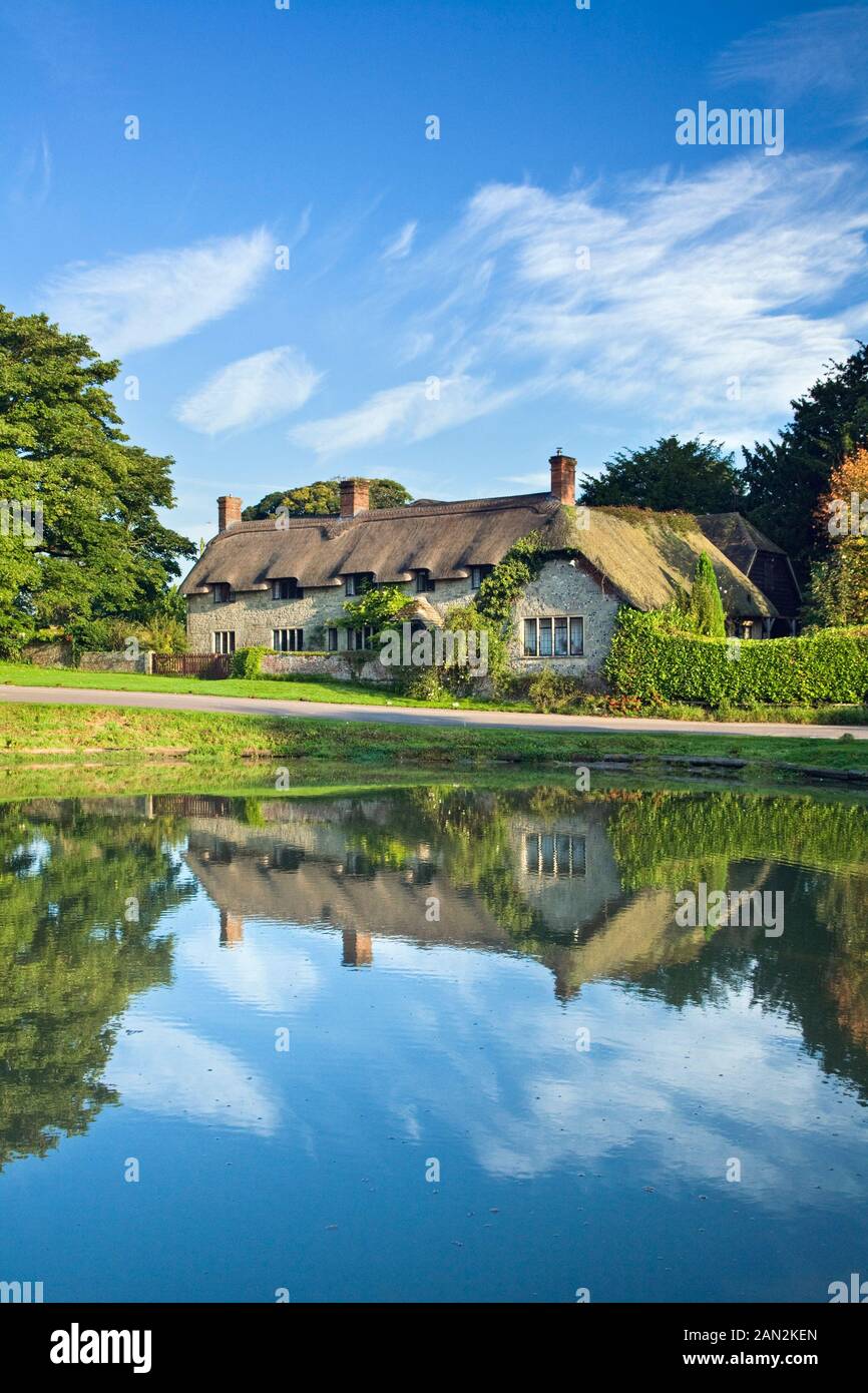 Thatched cottage and village pond Ashmore, Cranborne Chase, Dorset, England, UK August 2008 No property release Stock Photo
