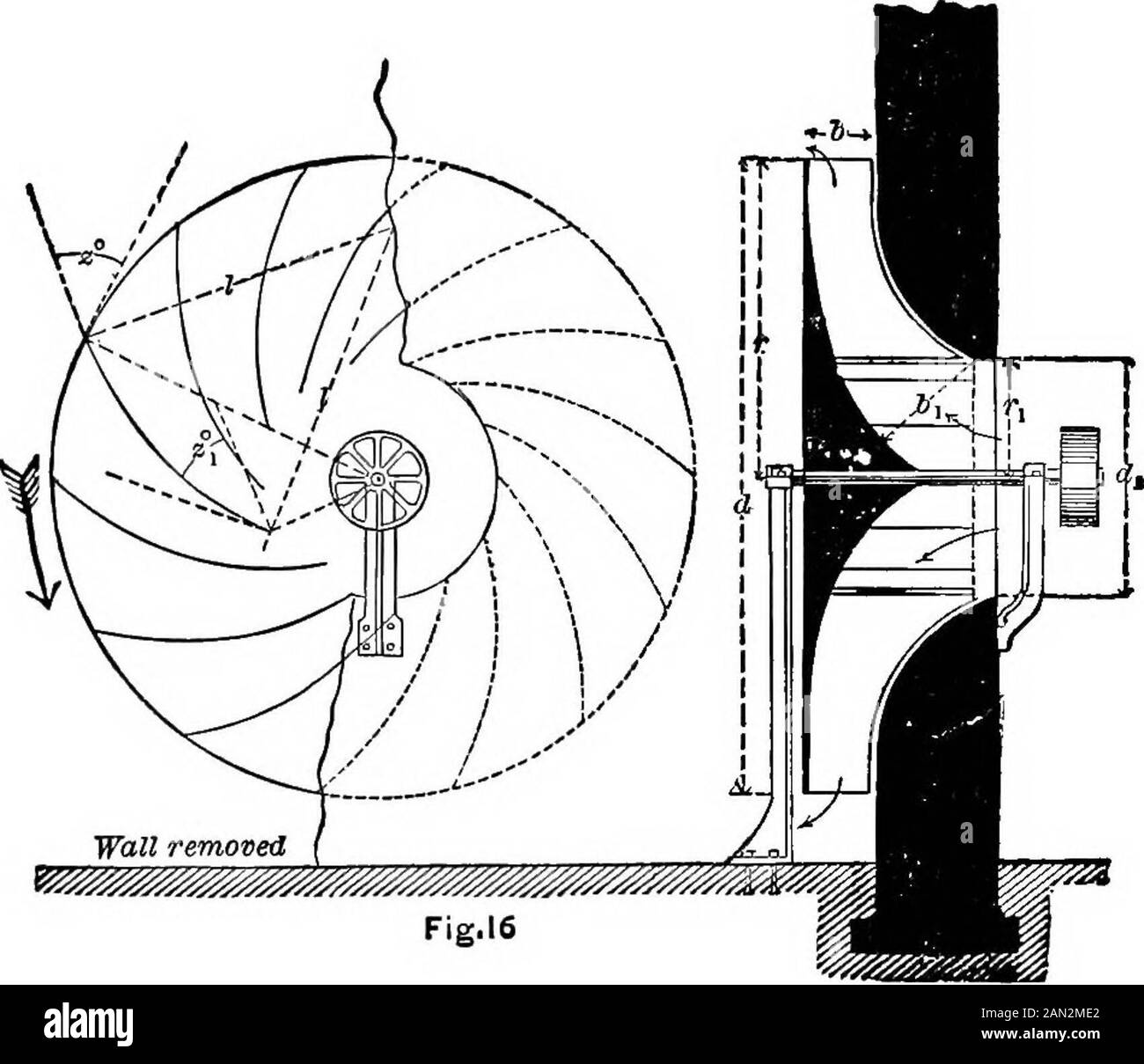 A manual of heating and ventilation, in their practical application, for the use of engineers and architectsEmbracing a series of tables and formulas for dimensions of heating flow and return pipes, for steam and hot water boilers, flues, etc., etc . ht of outlet,a, = Distance from vertical radius to point e,. VENTILATION. 27 n := Number of revolutions per minute.z° = Angle between radius and initial line of vane.Hp = Horse power required. When there is only one inlet, When there are two inlets, Ta ^ -A &gt; ?» ^^ v » V c;r * 2c;r J. 3 r ° 2/Tr,C r, = r, to 2r,; ^^V-^ r—r . nr 1 = T-^—, in whi Stock Photo