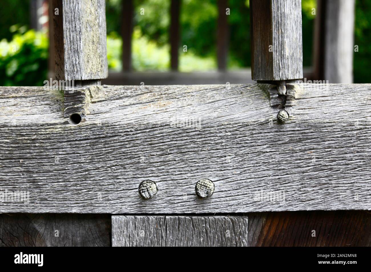 Detail of wooden dowels and joints used in construction of lychgate at entrance to the old parish church of St Peter, Pembury, Kent, England Stock Photo