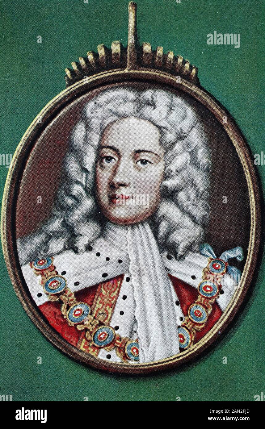 George II, George Augustus, German: Georg II. August, 30 October / 9 November 1683 – 25 October 1760, was King of Great Britain and Ireland, Duke of Brunswick-Lüneburg, Hanover, and a prince-elector of the Holy Roman Empire from 11 June 1727, O.S., until his death in 1760.,   /  Georg II., Georg Augustus, Deutscher: Georg II. August, 30. Oktober / 9. November 1683 - 25. Oktober 1760, war König von Großbritannien und Irland, Herzog von Braunschweig-Lüneburg, Hannover, und vom 11. Juni 1727, OS, bis zu seinem Tod in Berlin, Kurfürst des Heiligen Römischen Reiches 1760, Historisch, digital improv Stock Photo