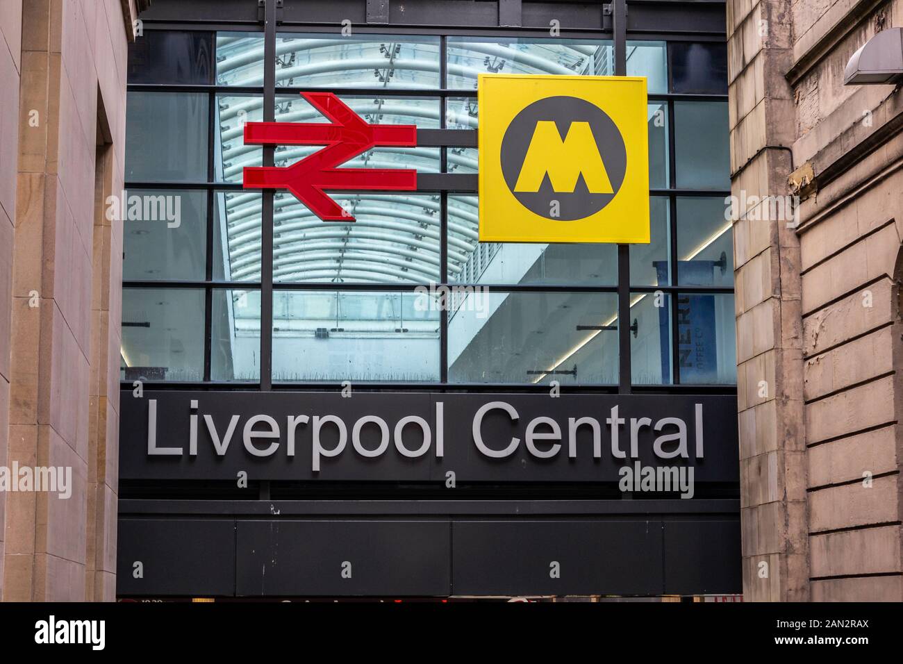 Liverpool Central underground railway station entrance sign Stock Photo