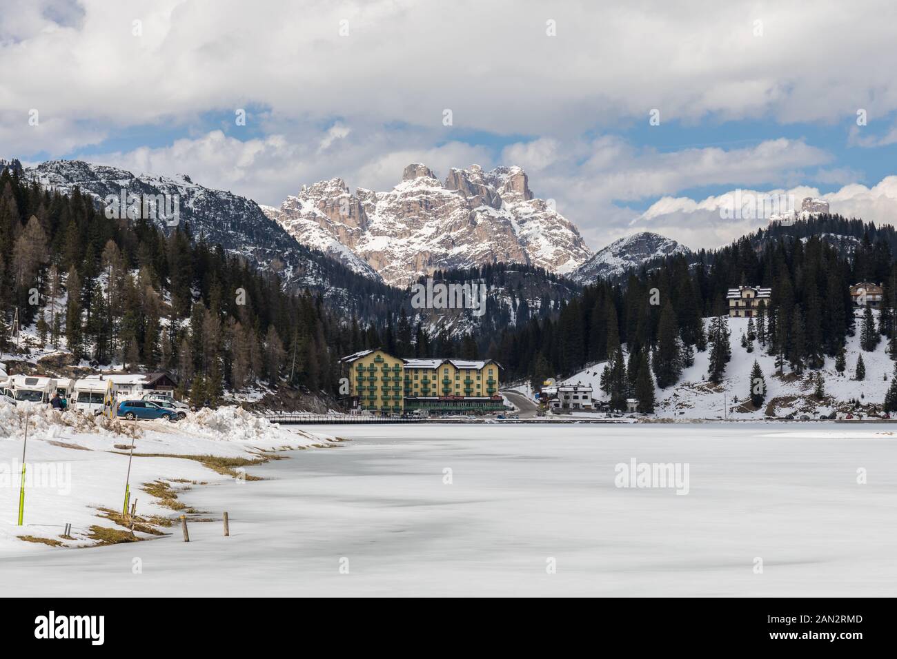 Frozen Misurina Lake, Misurina, Veneto, Italy Stock Photo