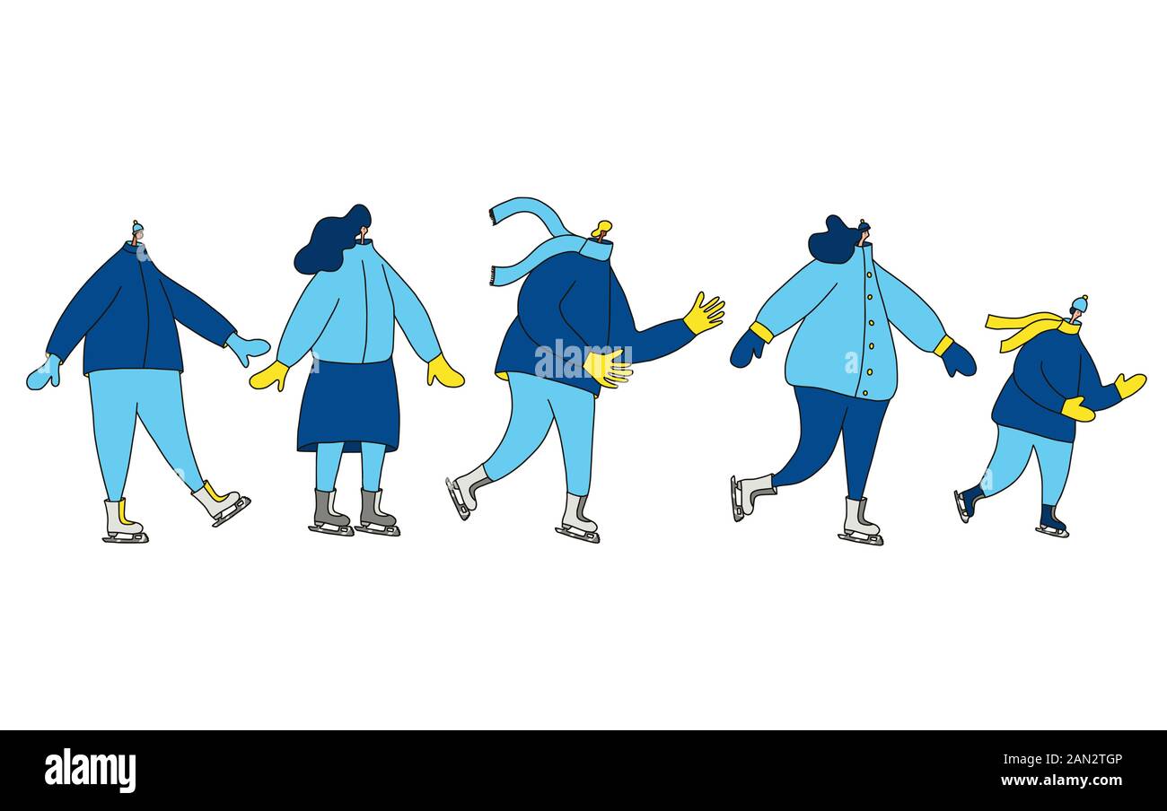 Ice skaters collection. Group of persons dressed in warm winter clothes