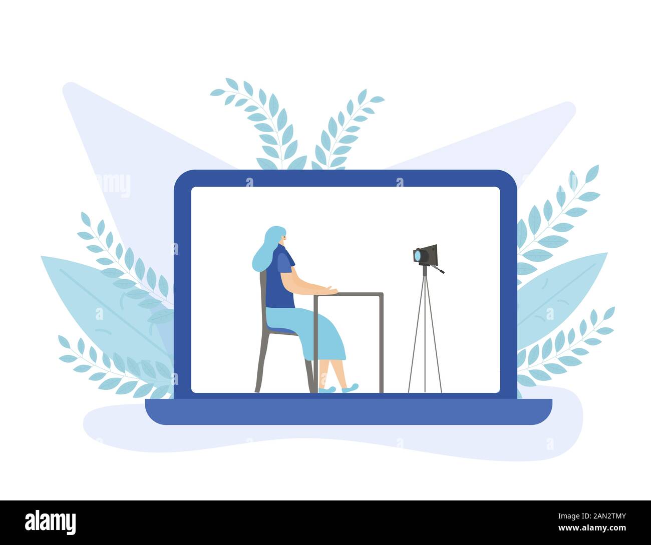 Young female blogger sitting and recording a video on laptop screen. Influencer calm girl making content for her followers against camera. KOL lifesty Stock Vector