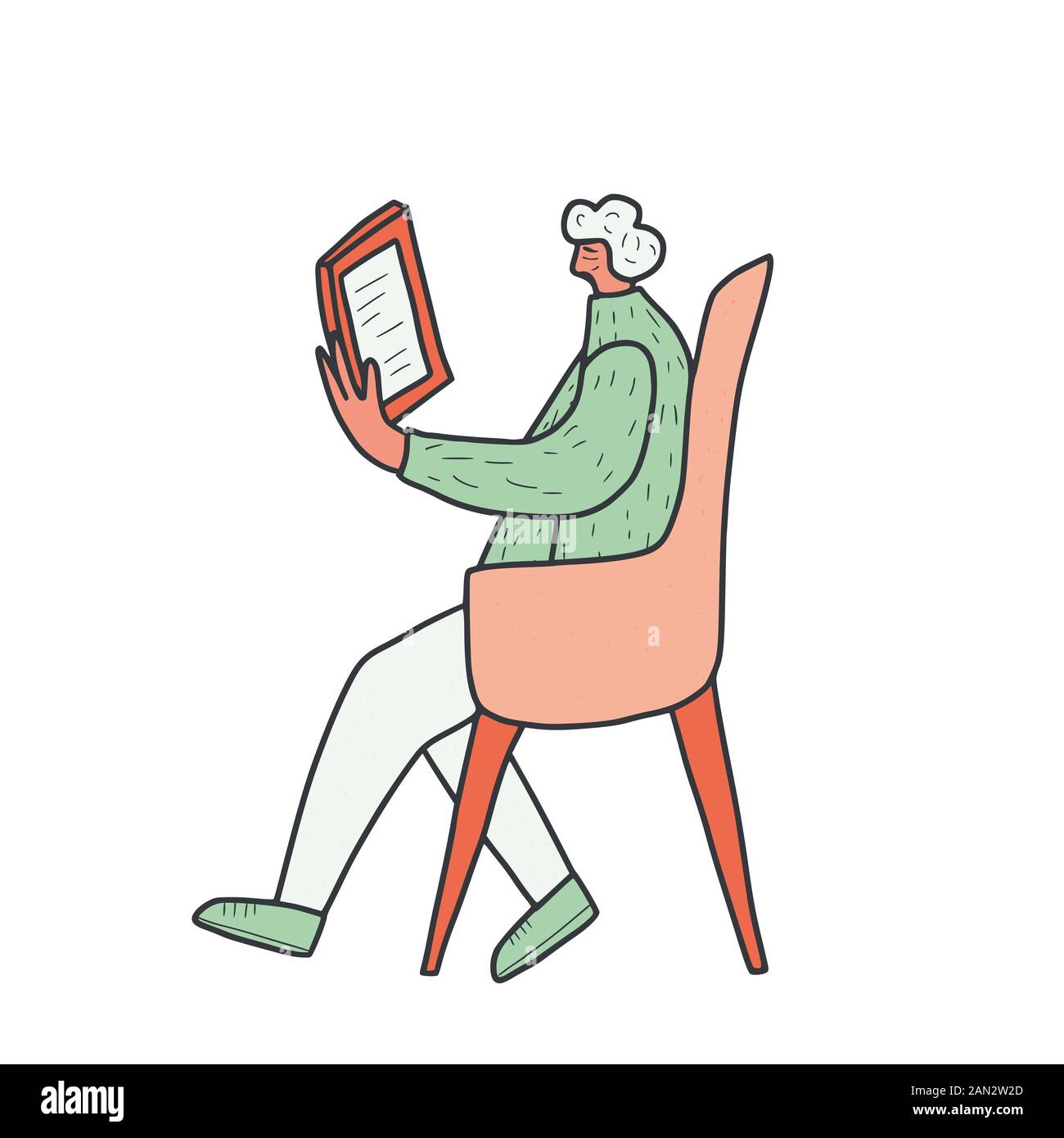 Mature person sitting in the chair at her tablet. Senior woman reading an electronic book. Vector illustration. Stock Vector