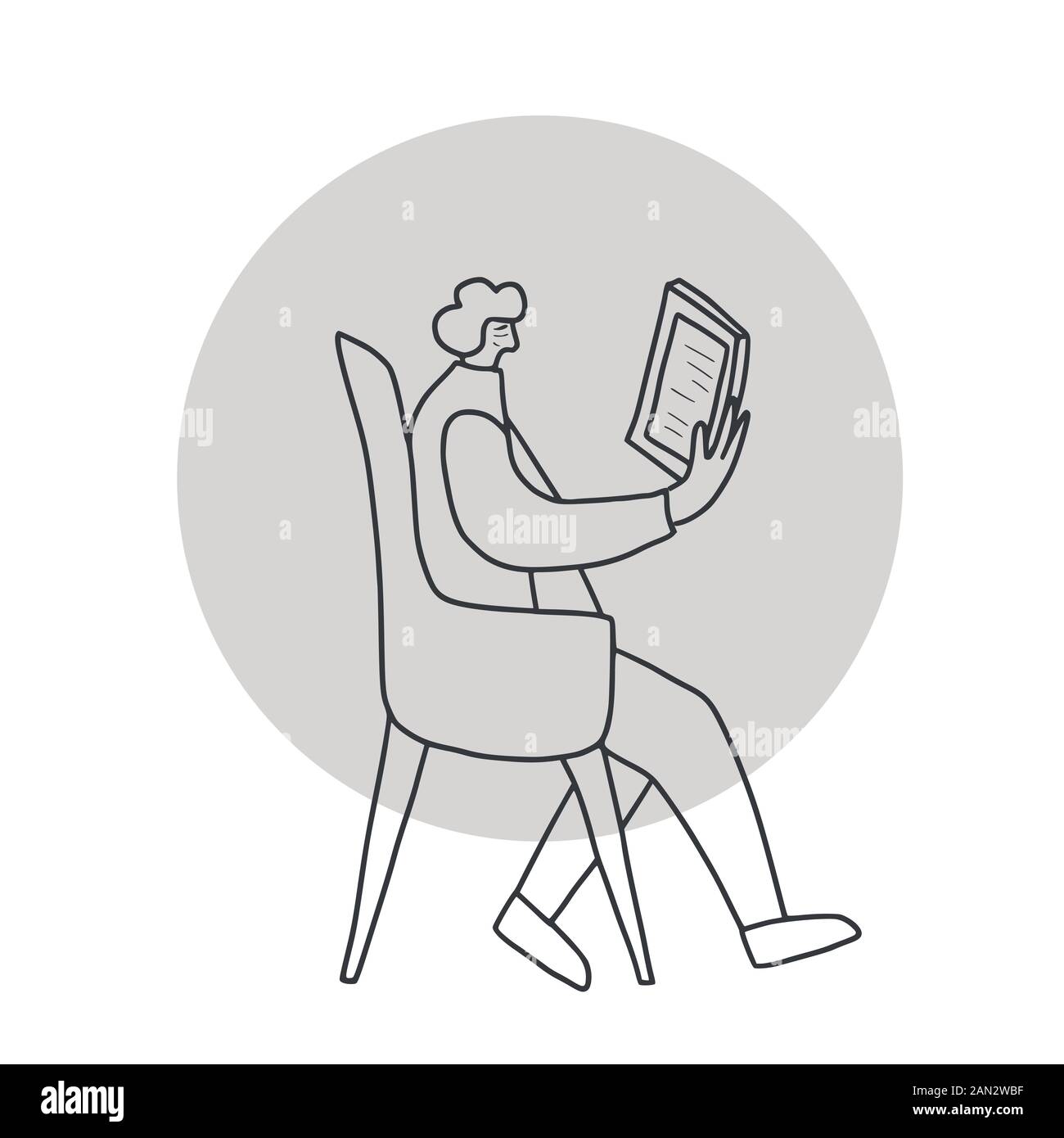 Adult person sitting in the chair at her tablet. Senior woman reading an electronic book. Vector illustration. Stock Vector