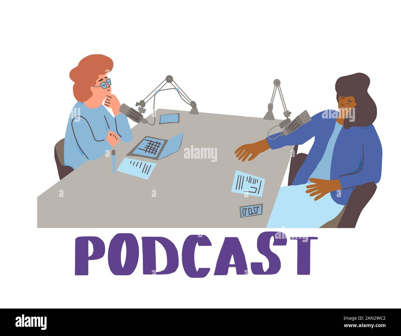 Podcast Concept Young Women Have A Conversation In A Studio Female Host And Her Guest Recording New Podcast Episode Vector Flat Illustartion Stock Vector Image Art Alamy