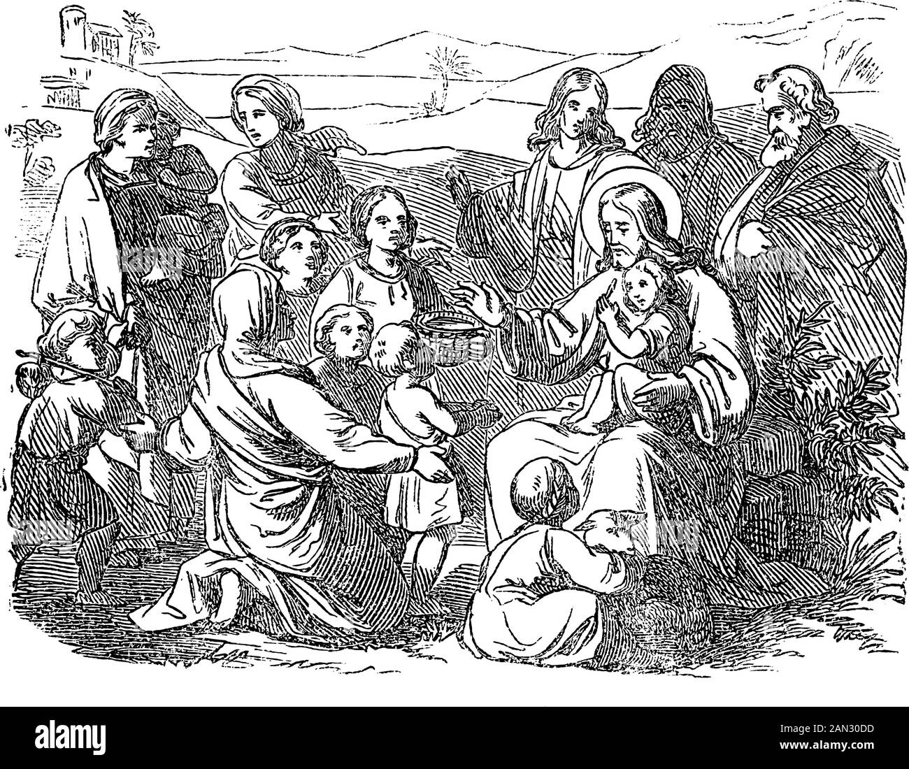 Vintage drawing or engraving of biblical story of Jesus and little children.Bible,New Testament,Matthew 19. Biblische Geschichte , Germany 1859. Stock Vector
