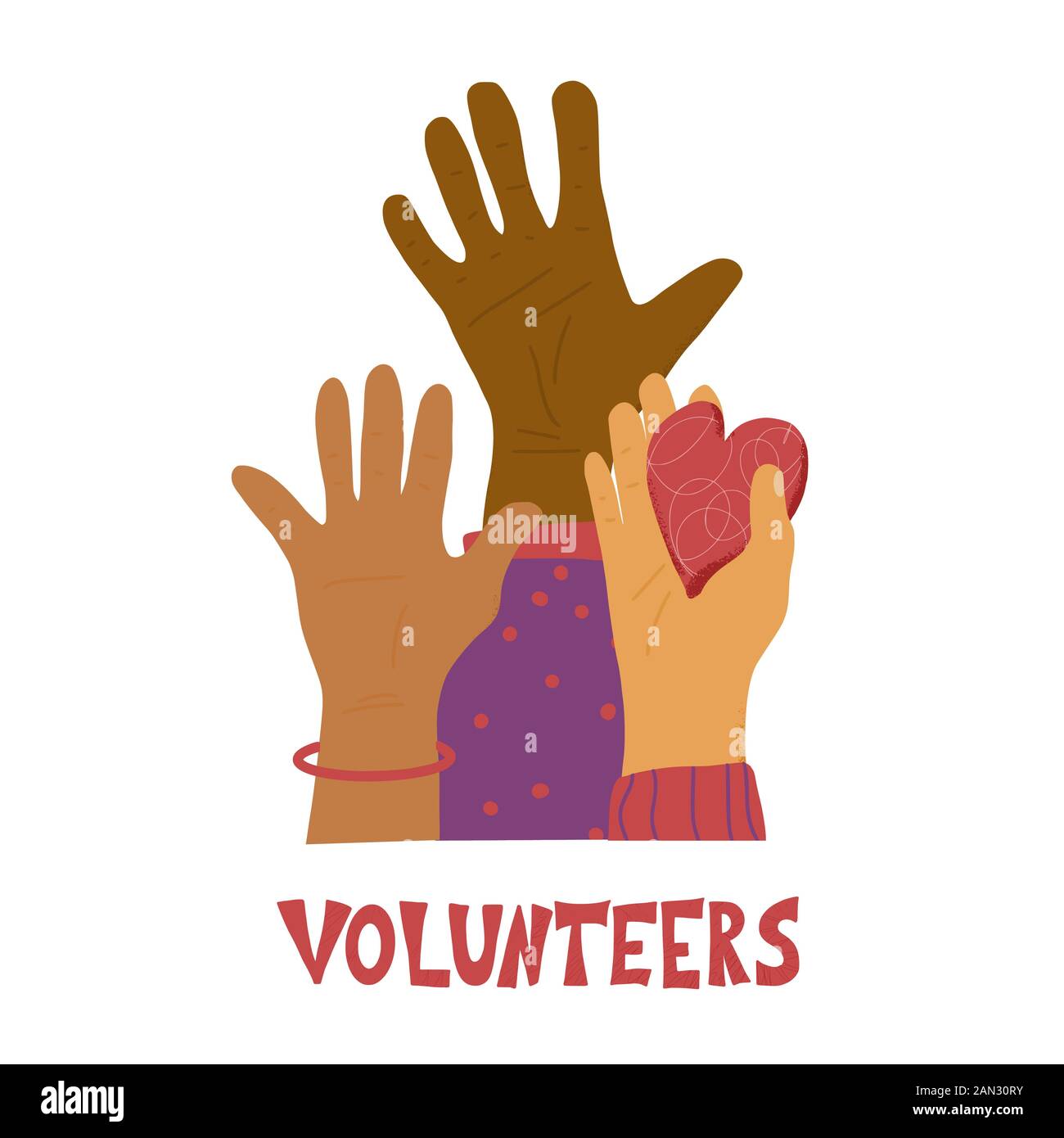 Volunteers emblem. Different hands in flat style. Vector illustration. Stock Vector