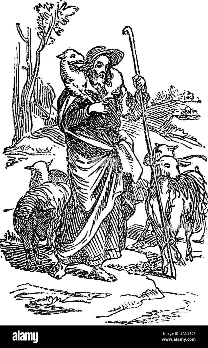 Vintage drawing or engraving of biblical story of Jesus as good shepherd holding sheep who cares about his sheep.Bible, New Testament,John 10. Biblische Geschichte , Germany 1859. Stock Vector