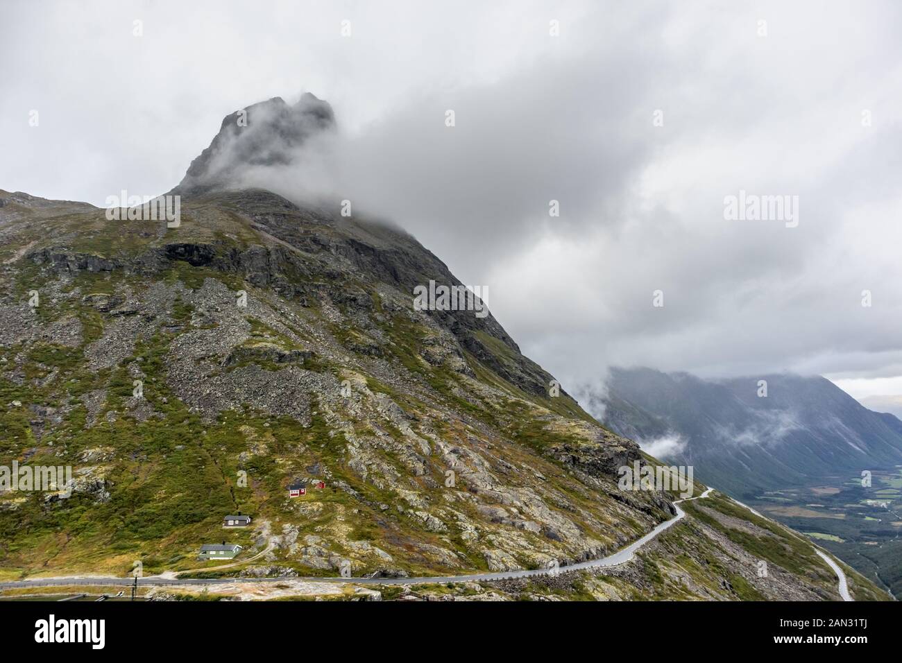 Famous norwegian mountains road Trollstigen top view of valley. Epic nordic nature with rocks