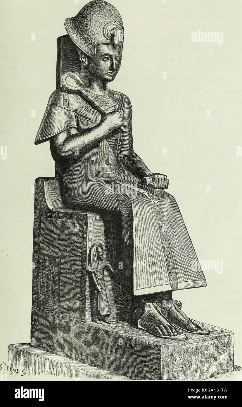 Histoire de l'art dans l'antiquité: Égypte, Assyrie, Perse, Asie Mineure, Grece, Etrurie, Rome . 47G. — Prisonniers. Ramesséum (Champollion, pi. 322). La plus belle peut-être des statues de Ramsès II qui soit parvenuejusquà nous est celle que nous empruntons au musée de Turin, siriche en figures monumentales de rois tliébaius (fig. 477). La conser-vation en est merveilleuse et le travail des plus soignés; la tête a uncaractère très individuel et beaucoup de distinction. Un des fils du roiest représenté, à toute petite échelle, debout contre le siège où trôneson père. Boulaq possède aussi la pa Stock Photo