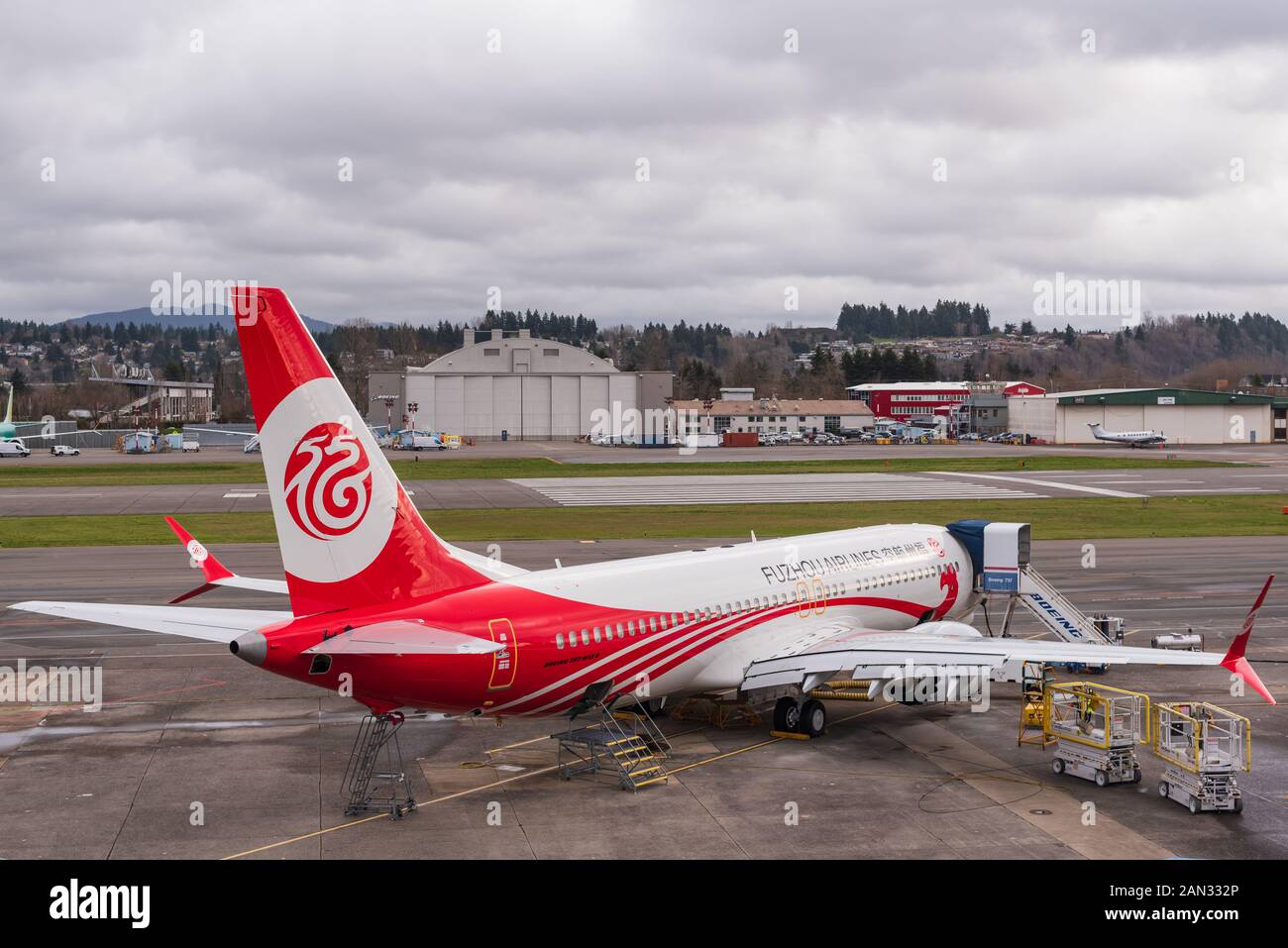 Newly assembled 737 MAX airplanes undergo final pre-flight testing on  Renton Field prior to their first flight Stock Photo