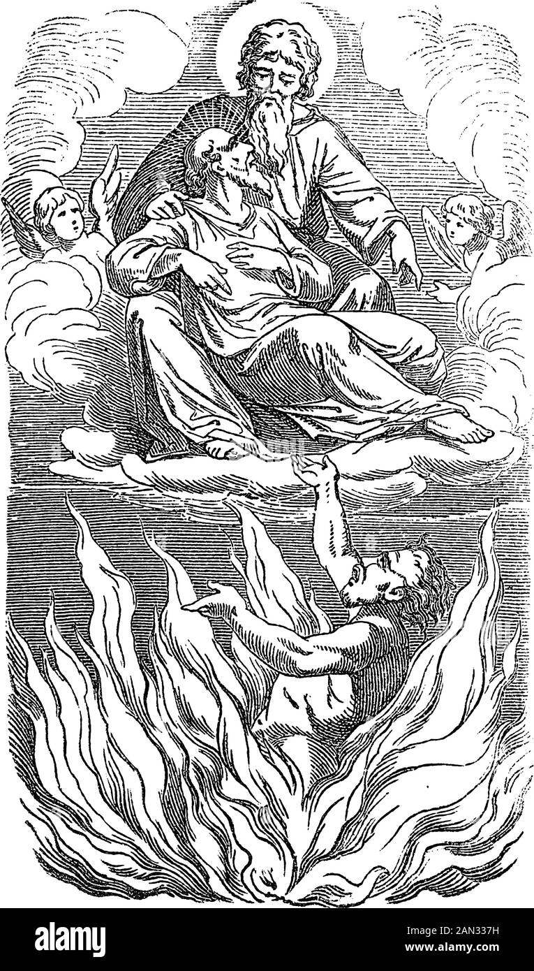 Vintage drawing or engraving of biblical story of Jesus and parable of the rich man and poor Lazarus.Sinner is going to hell, beggar to heaven. Bible,New Testament,Luke 16. Biblische Geschichte , Germany 1859. Stock Vector