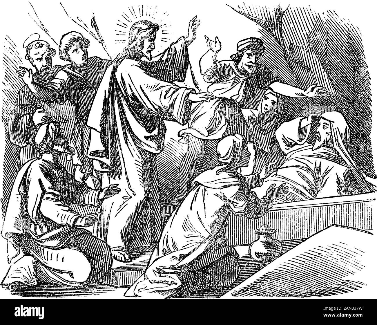 Vintage drawing or engraving of biblical story of Jesus in tomb raises Lazarus from the death. Bible,New Testament,John 11. Biblische Geschichte , Germany 1859. Stock Vector