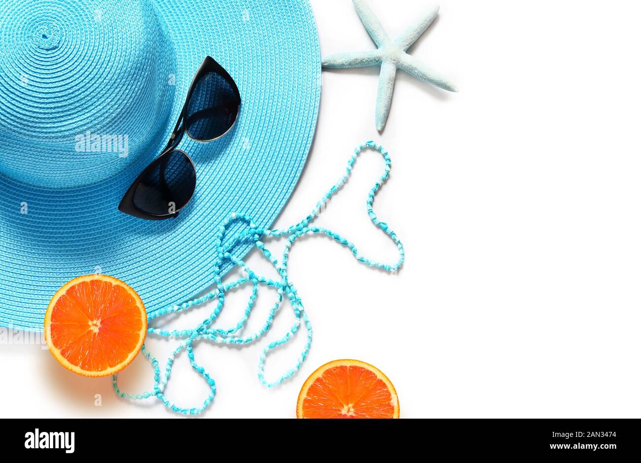 Tropical Summer Beach Background. Sunglasses, hat with starfish and ...