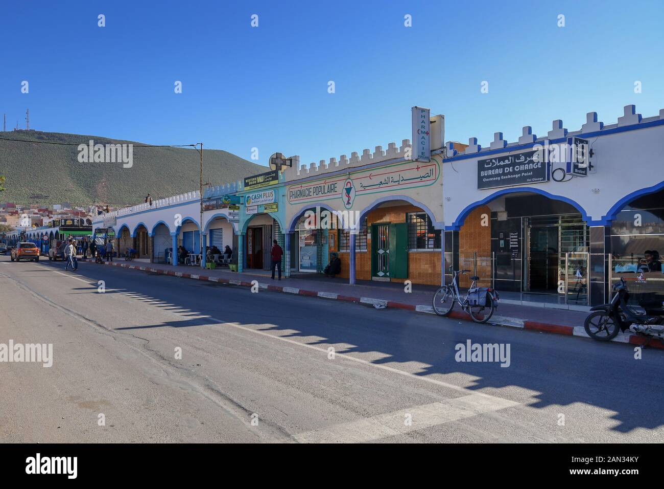 Sidi Ifni desert town main street with stores, southern Morocco, Africa Stock Photo