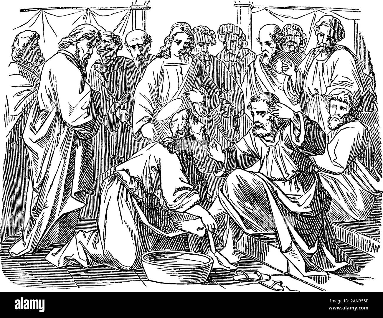 Vintage drawing or engraving of biblical story of Jesus washes his disciples feet. Bible,New Testament,John 13. Biblische Geschichte , Germany 1859. Stock Vector