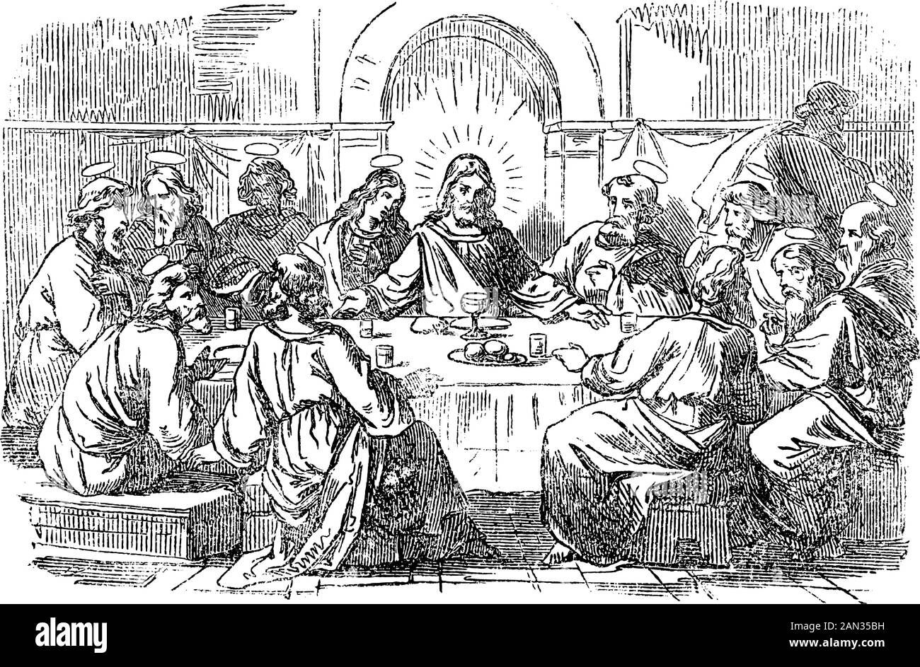 Vintage drawing or engraving of biblical story of Jesus and the last supper. Jesus and twelve disciples are eating around the table.Bible,New Testament,Matthew 26,Mark 14,Luke 22,John 13. Biblische Geschichte , Germany 1859. Stock Vector