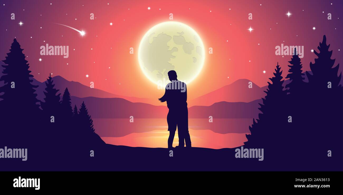 couple in love at beautiful lake at night with full moon and starry sky ...