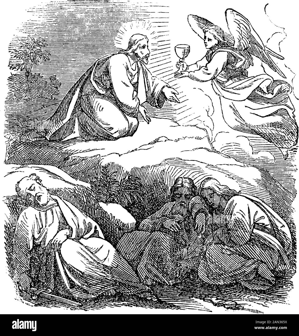 Vintage drawing or engraving of biblical story of Jesus praying in Gethsemane. Angel giving him cup of suffering.Bible,New Testament,Mark 14,Matthew 26. Biblische Geschichte , Germany 1859. Stock Vector