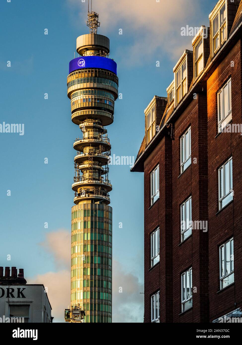 BT Tower London with new 2019 BT Logo. The BT Tower opened in 1965. Stock Photo