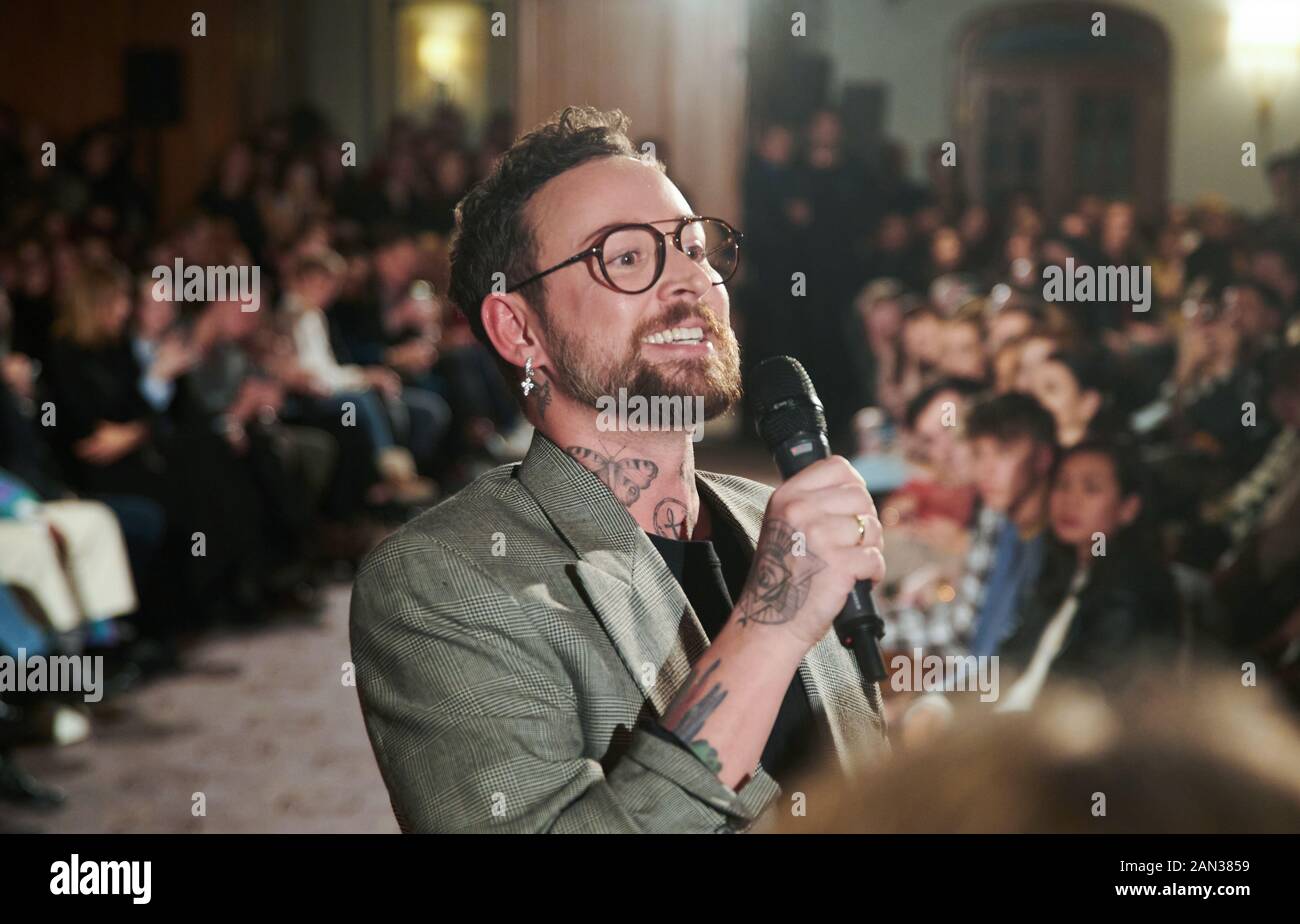 Berlin, Germany. 15th Jan, 2020. Marcel Ostertag speaks to his guests after the show of his own label at the Westin Grand Hotel. Credit: Annette Riedl/dpa/Alamy Live News Stock Photo