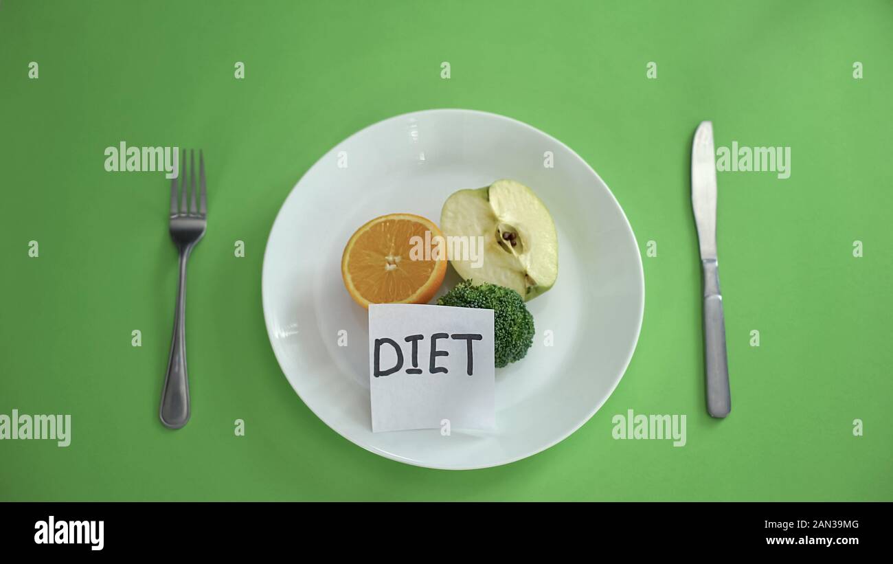 Diet written on note in plate with fruits and vegetables, healthy nutrition  Stock Photo - Alamy