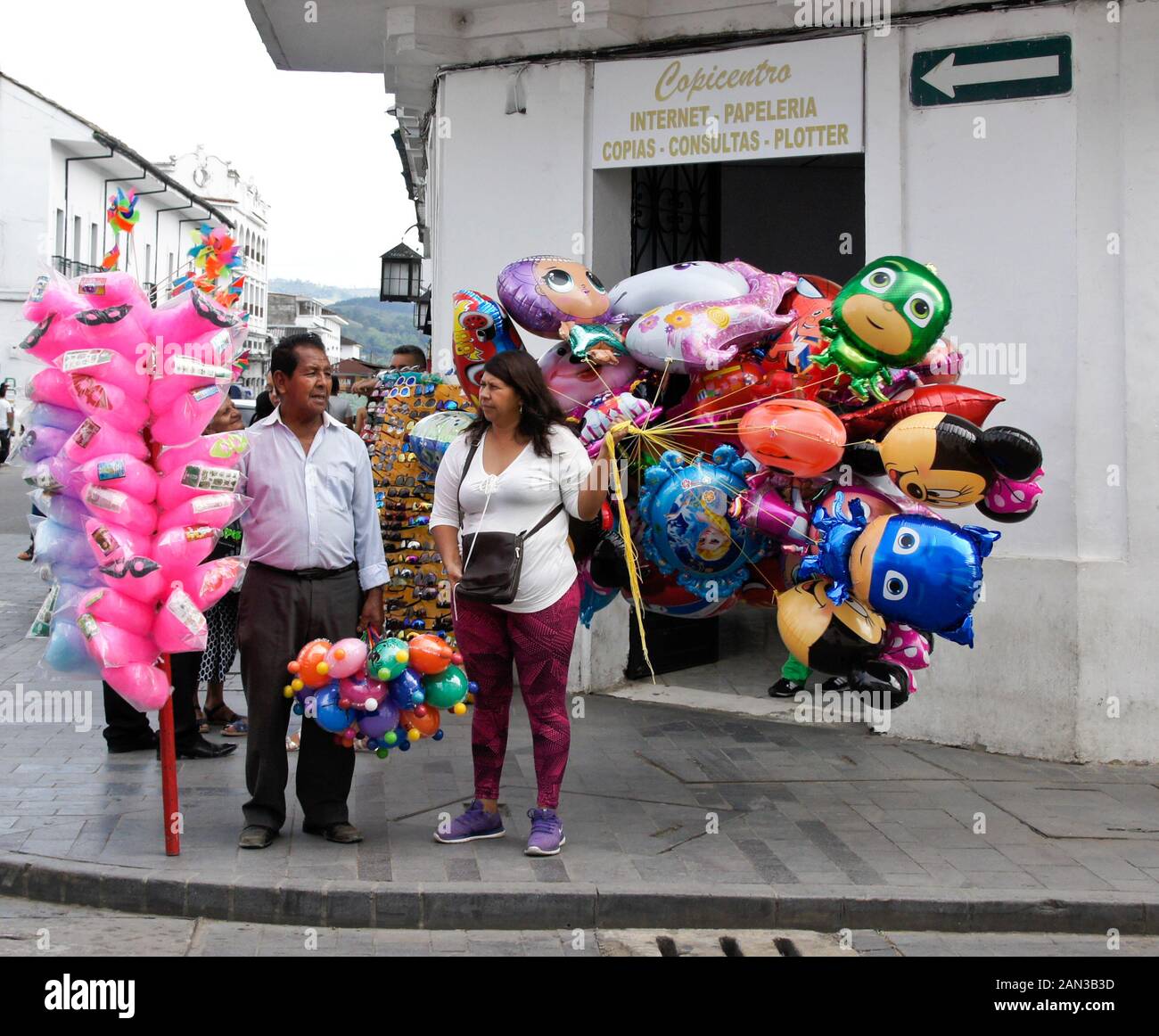 Vendors Selling Cotton Candy Balloons And Sunglasses On A Street Corner Outside A Copy Center White City Of Popayan Colombia Stock Photo Alamy