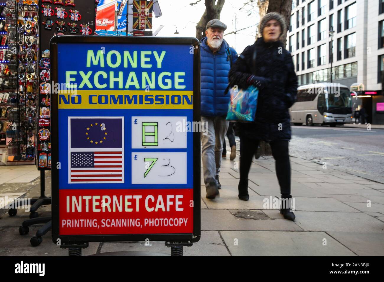 January 15, 2020, London, United Kingdom: Euro and US Dollars exchange rates are displayed on a board outside an internet cafe in central London. (Credit Image: © Dinendra Haria/SOPA Images via ZUMA Wire) Stock Photo