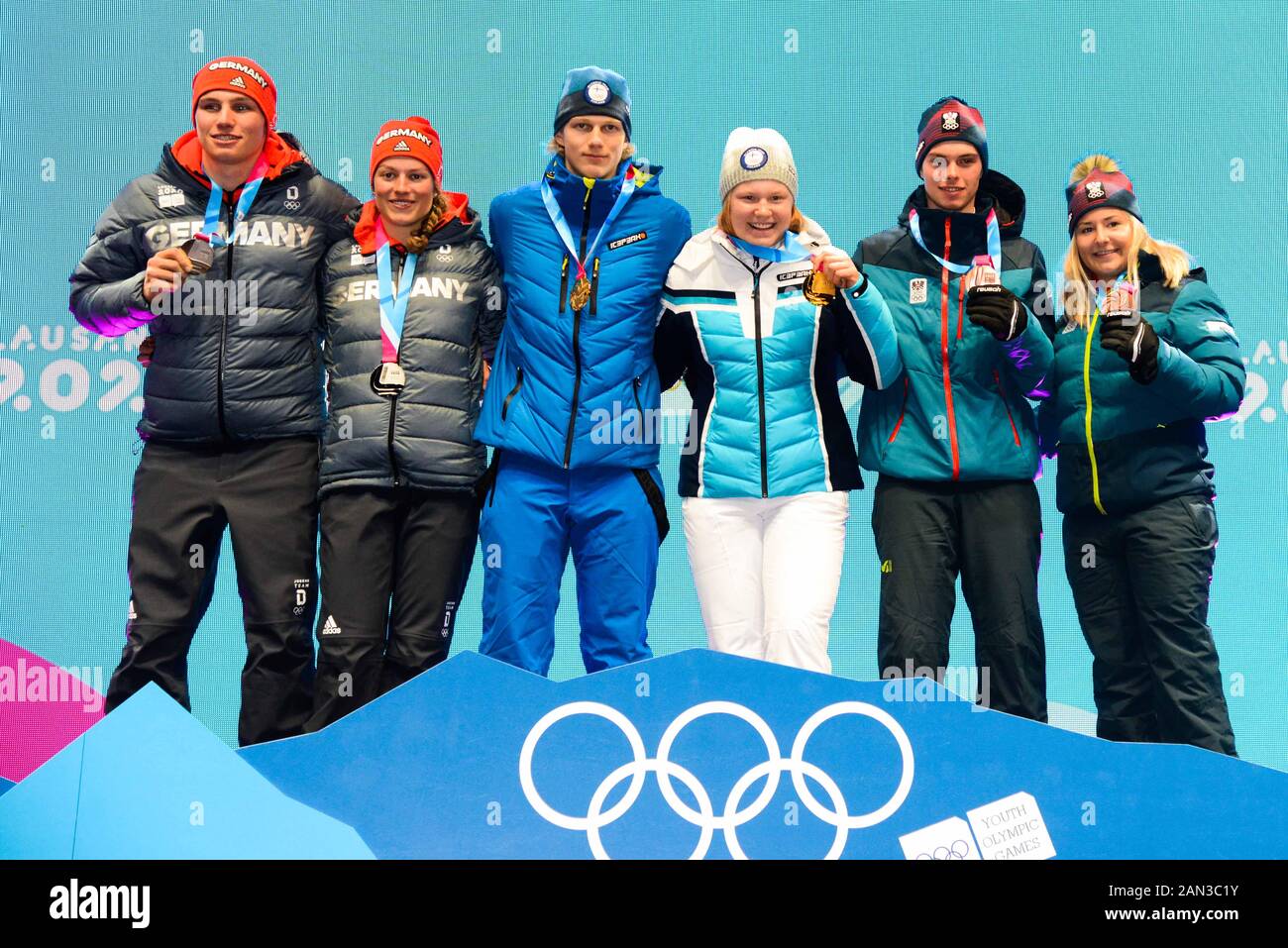 Lausanne, Switzerland. 15th Jan, 2020. The medalists in the Parallel Mixed  Team ski racing event at the 2020 Winter Youth Olympic Games in Lausanne  Switzerland. Max Geissler and Lara Klein of Germany (