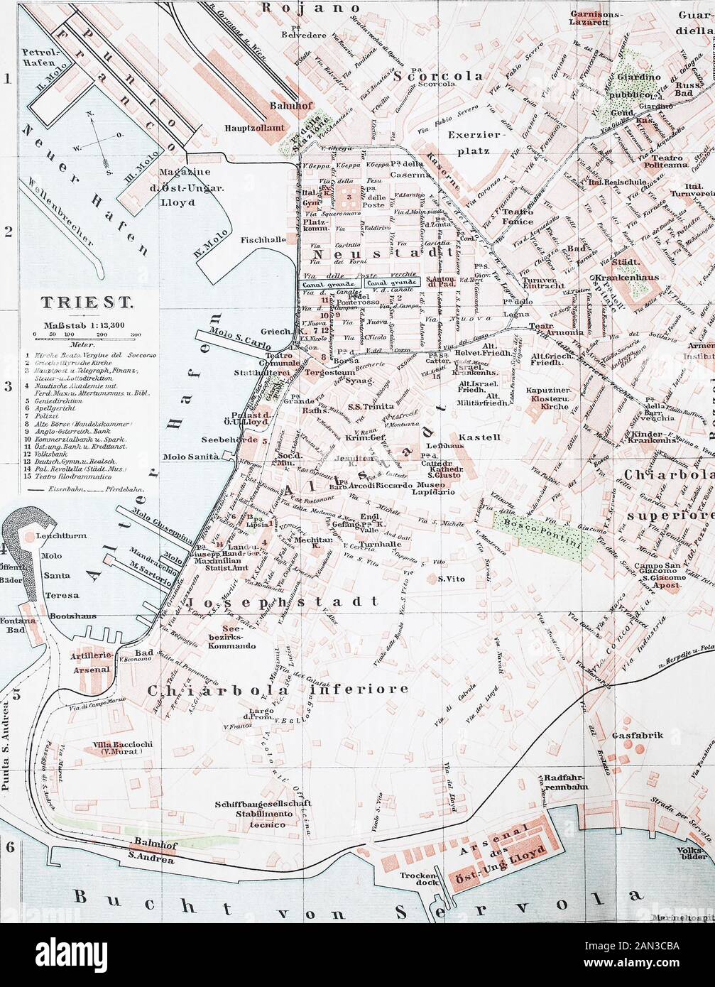 B14 Fiume und Pola Stadtplan Italien Historische Stadtkarte 1898: Triest 