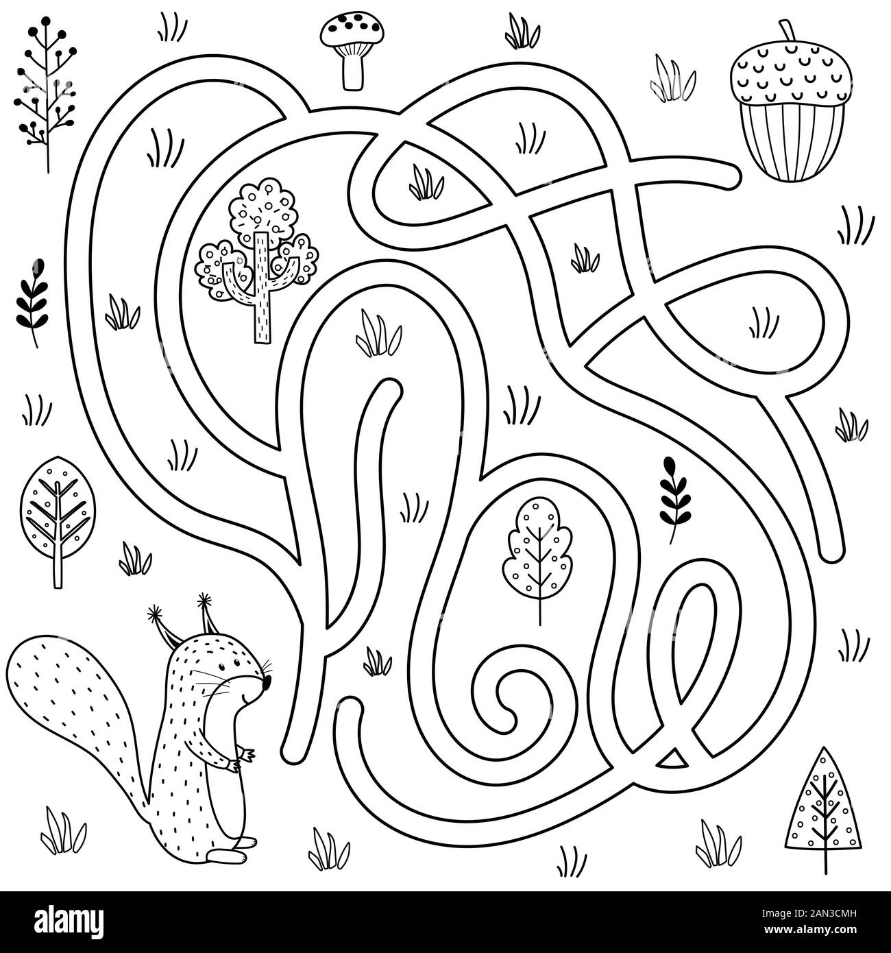 Black and white labyrinth game for kids. Help the squirrel find the way to the nut Stock Vector