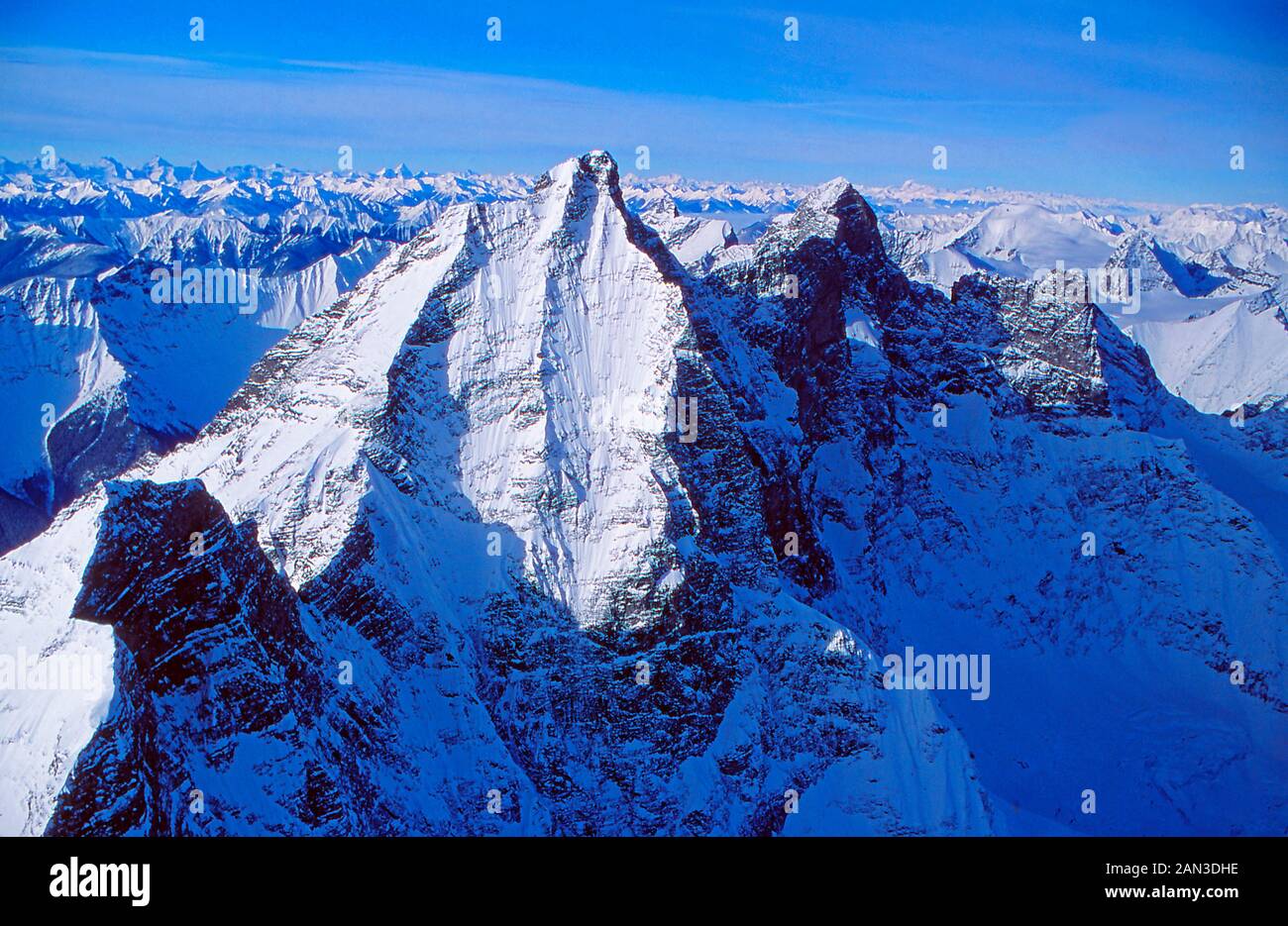 Aerial view of the Canadian Rocky Mountains near southern Alberta and British Columbia, Canada Stock Photo