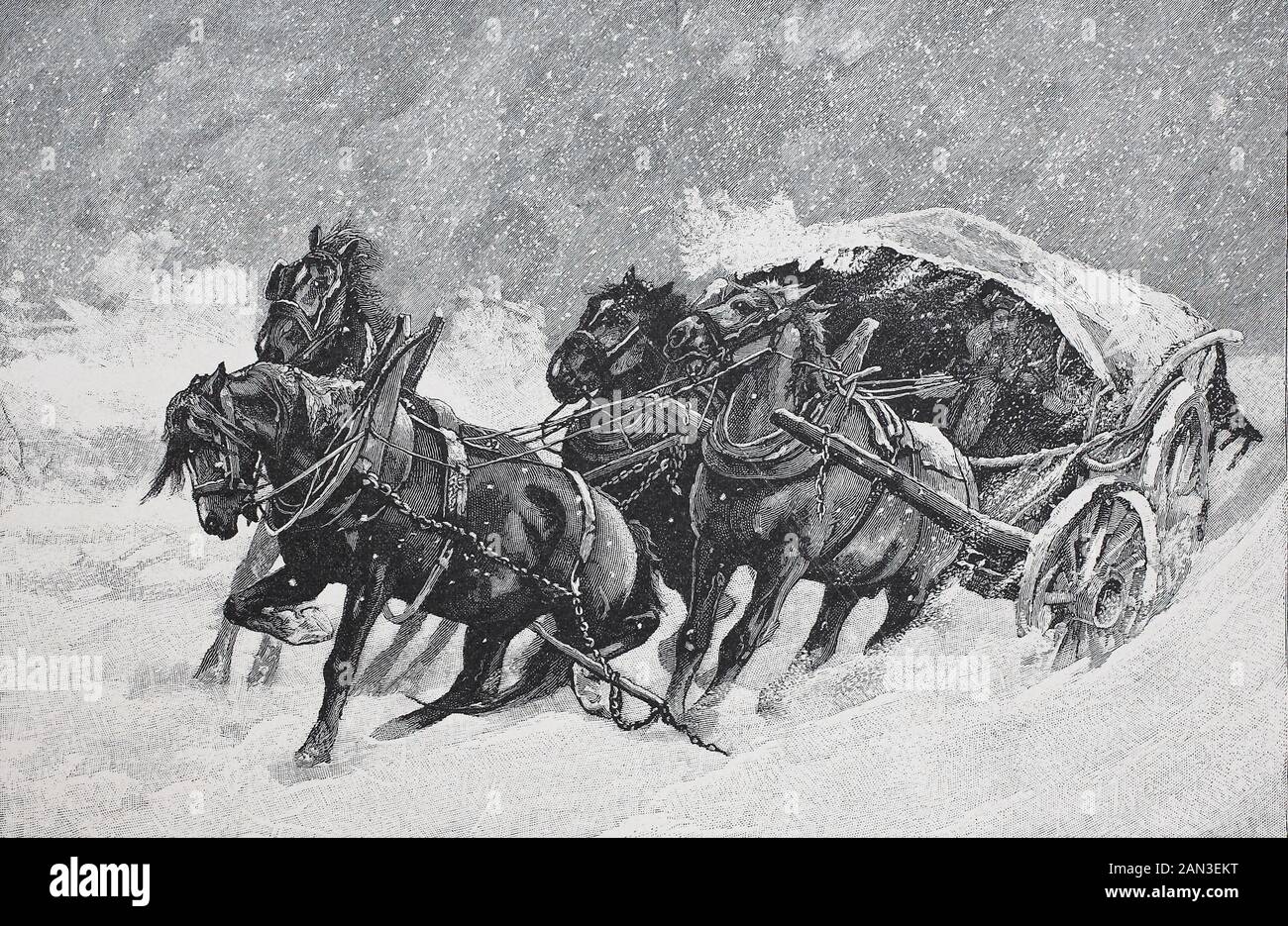 four-horse horse-drawn carriage got stuck in the snow,   /  Vierspännige Kutsche blieb im Schnee stecken, Historisch, digital improved reproduction of an original from the 19th century / digitale Reproduktion einer Originalvorlage aus dem 19. Jahrhundert Stock Photo