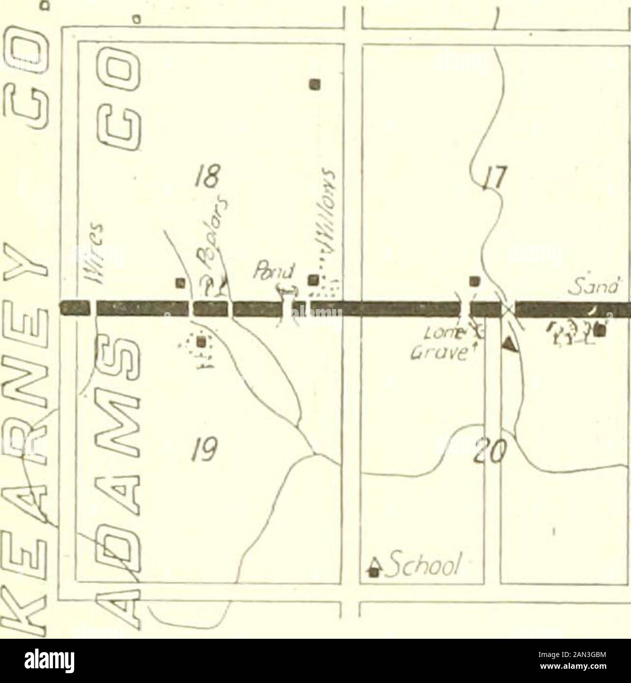 Huebinger's map and guide for Omaha-Denver transcontinental route; . Pop. 200. Alt. 2.094 ft. 13.1 W. to Minden, 15.9 E. to Ju-ni.Tta, 441.5 W. to Denyer, 190.8 E.to Omaha. Distance measured by Warner AutoMeter. HOTELS—Commercial Hotel, Eur. REPAIRS—iW. Steinhacli. GAS—Stephen Scliultz, L. R. Con-verse, G. F. Veith. nI 127. Stock Photo