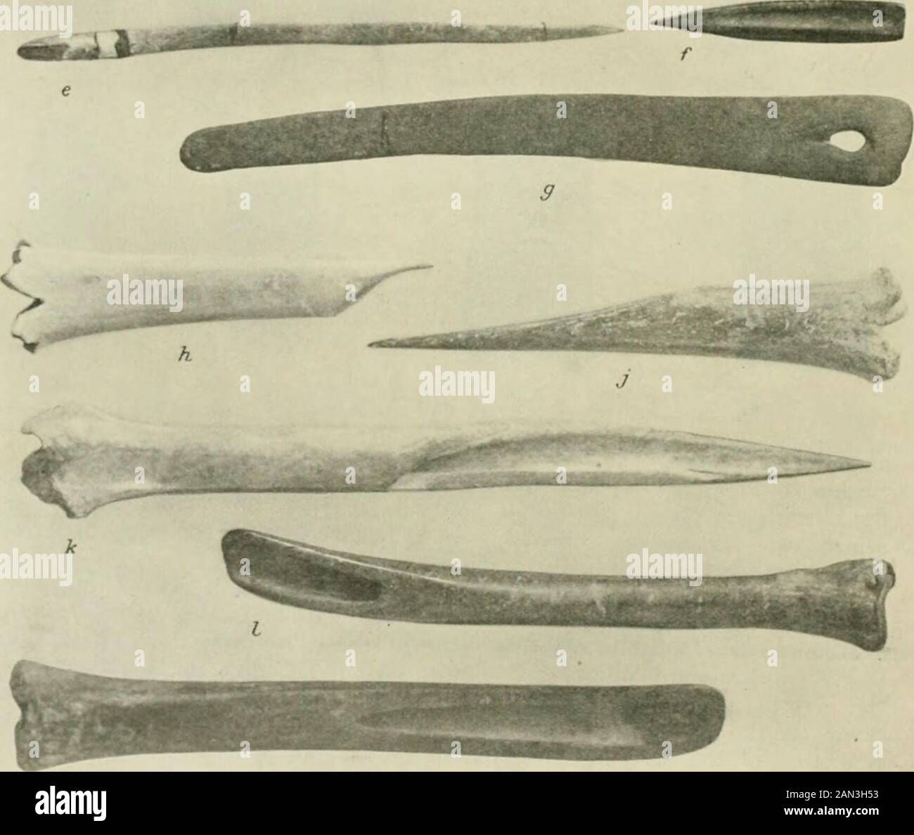 Prehistoric Thessaly; being some account of recent excavations and explorations in north-eastern Greece from Lake Kopais to the borders of Macedonia . Fig. 92. Bone implements ; a-g from Tsangli, //-/// from Tsanl Maghula (scale 9 : 10). Tsani, Miscellaneous Objects 149 prominent and large. To the same stratum also belong a hollow foot, whichmay be part of an anthropomorphic vase, and a very small leg. The lower [)art of a standing steatopygous female figure like AS, PI. 32. 3,was found on the surface of the south slope of the mound. This is polished,but unpainted : however, it probably belong Stock Photo