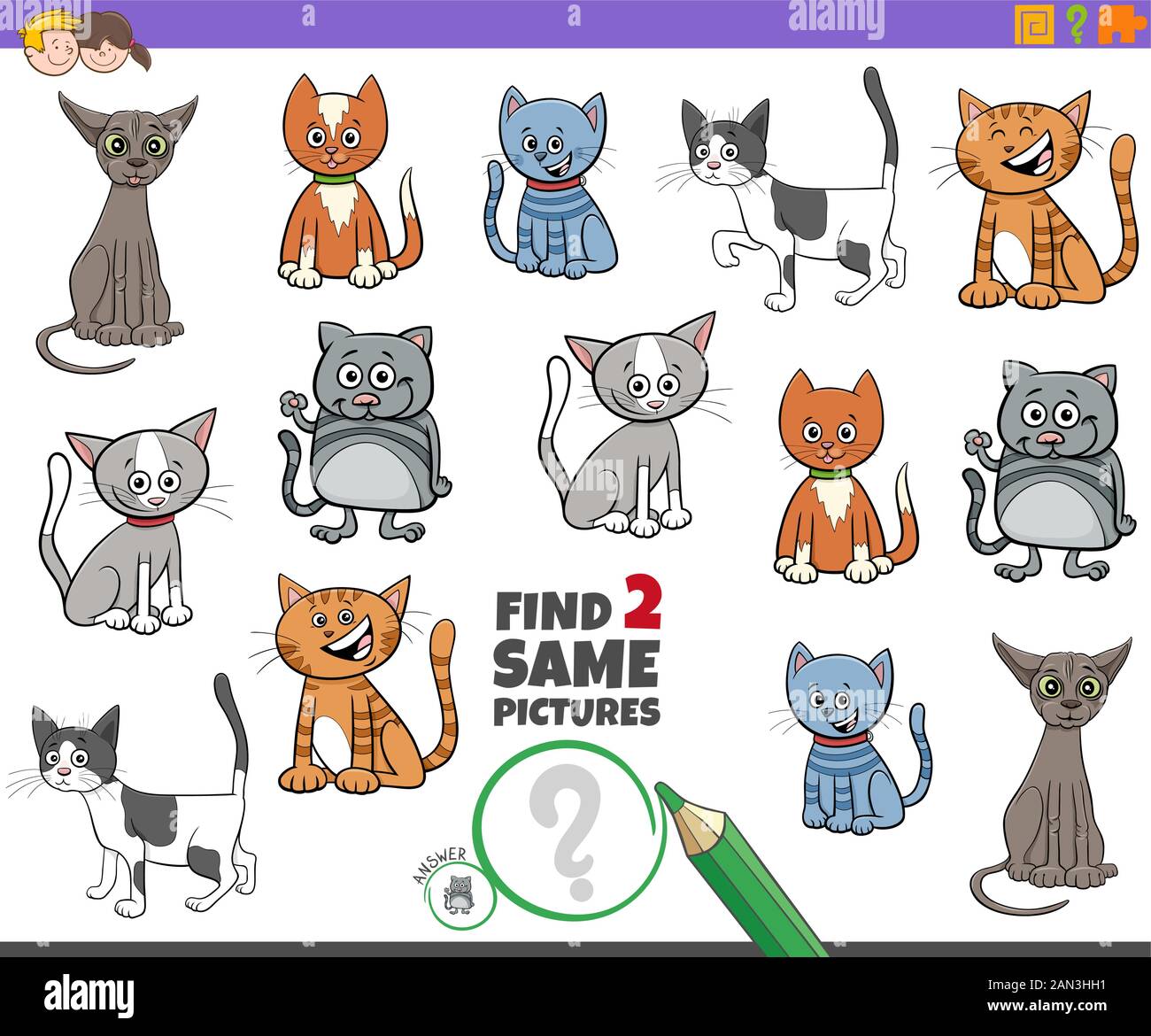 Cartoon Illustration of Finding Two Same Pictures Educational Activity ...