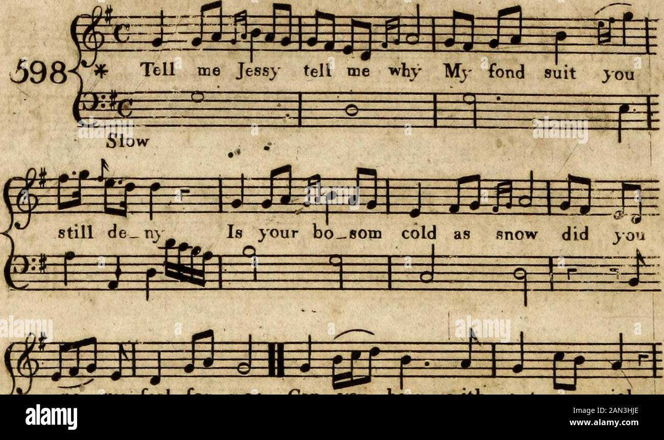 The Scots musical museum: Consisting of six hundred Scots songs with proper basses for the piano forteHumbly dedicated to the Catch Club instituted at EdinrJune 1771. . m O the road was ve   ry hard, Vov that fair maidens tender feet 3=-p- j —r-1 r f -*r^^ Chorus, Mallys meek &c.It were mair meet, that those fine feetWere weel lacd up in silken shoon,And twere more fit that she should sit,Within yon chariot gilt aboon. Chorus, Mallys meek &c .Her yellow hair, beyond compare.Comes trinkling down her swan white neck,And her two eyes like stars in skies,Would keep a sinking ship frae wreck. »wl8 Stock Photo