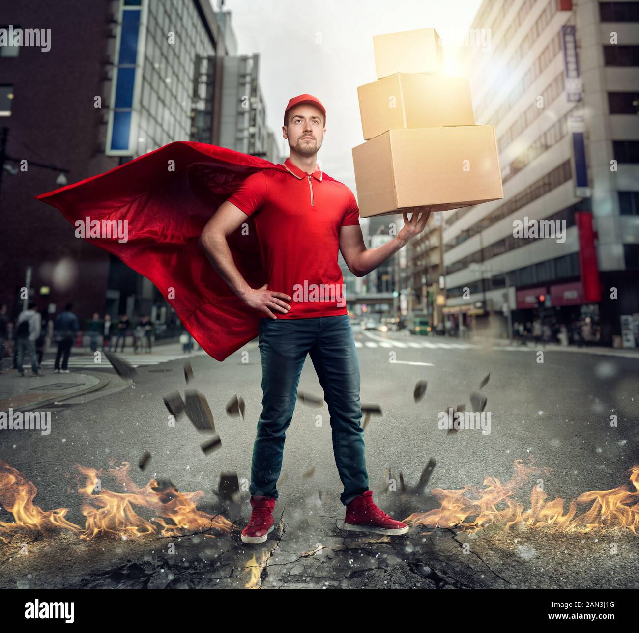 Courier acts like a powerful superhero in a city with skyscrapers. Concept of success and guarantee on shipment Stock Photo