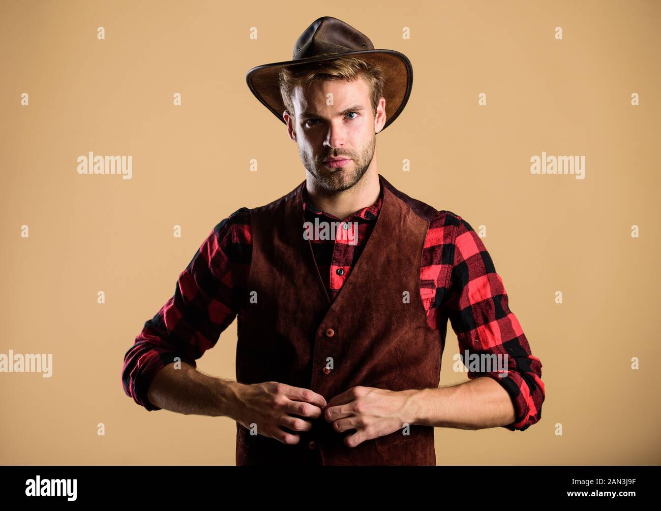 Cowboy Wearing Hat Western Life Man Unshaven Cowboy Beige