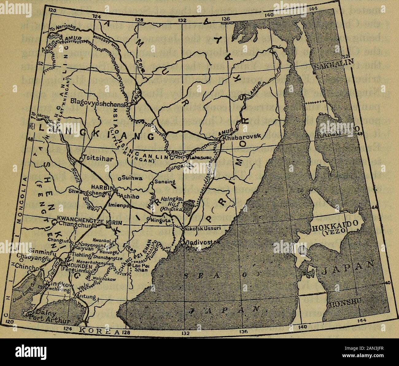 Annual report of the Board of Regents of the Smithsonian Institution . y (Dairen), onthe Liaotung Peninsula, with a short branch to Yingkow. Anotherrunning southeast reaches Antung at the mouth of the Yalu River,which it crosses by means of a magnificent steel bridge, and is con-tinued in Korea as the Chosen Railway. A third, which is really acontinuation of the first, runs north to Changchun, where it makesconnection with the Changchun-Kirih Railway, and a branch of theChinese Eastern Railway which runs south from Harbin. The mainline of the Chinese Eastern Railway runs from Vladivostok to Ma Stock Photo