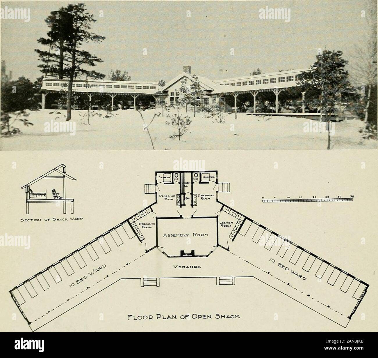 Tuberculosis hospital and sanatorium construction; . rches are left unfinished. The locker roomsire placed at the inner ends of the porches so as to utilize the space of themgles made where the wings join the centre apartment. The sitting room is 24 feet wideDy 18 feet deep and ^e two dressing rooms are both 10 feet wide by 18 feet deep, and:ontain shower baths, toilets and wash-basins. The roof of the porch has a break on theTont for ventilation purposes, somewhat like that in the roof of the lean-to at Otisvilleillustration 85). The veranda in front of the sleeping porches also extends in fr Stock Photo