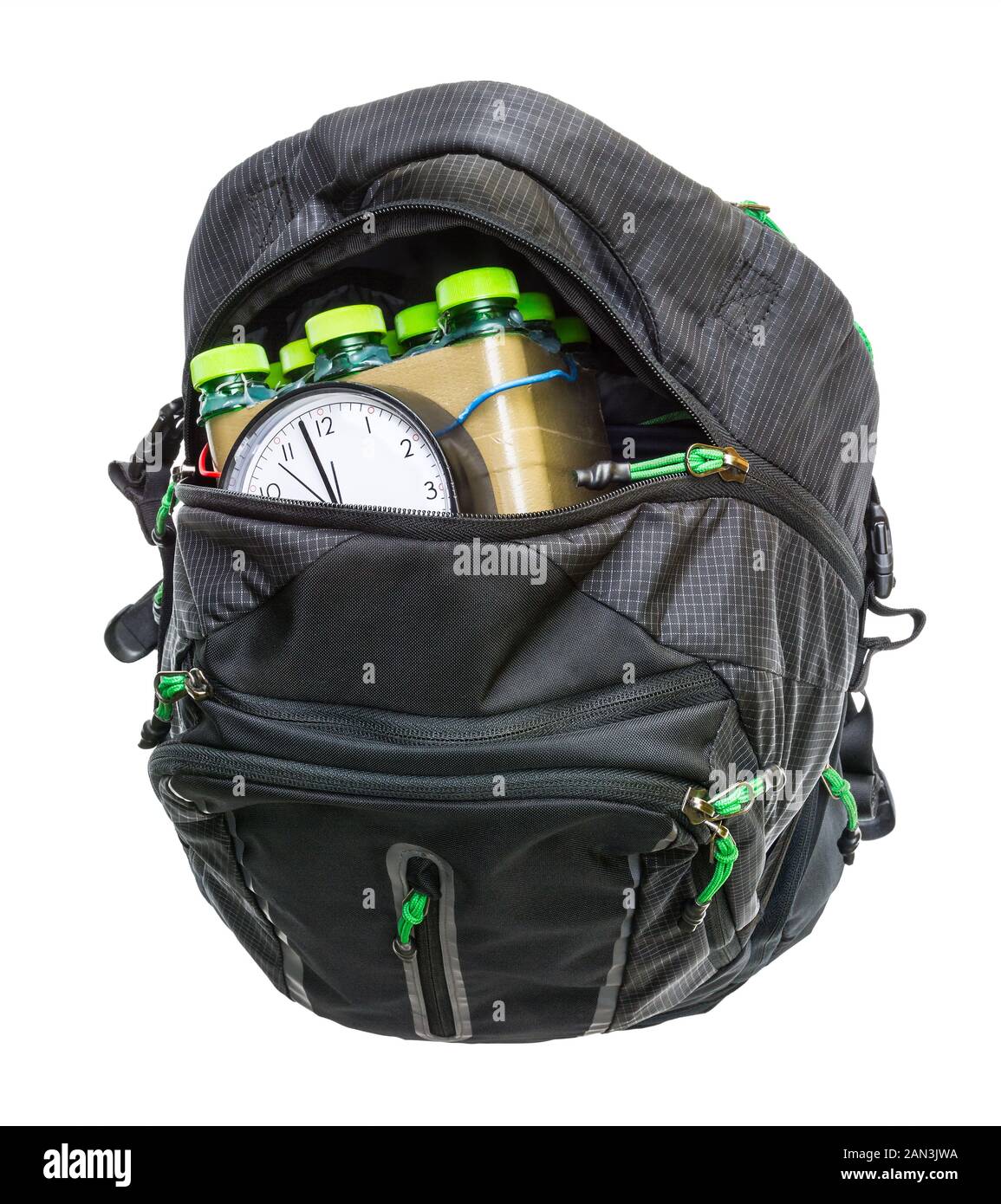 Time-bomb detail. Improvised explosive device in rucksack isolated on white background. Home-made timebomb inside of black baggage with open zipper. Stock Photo